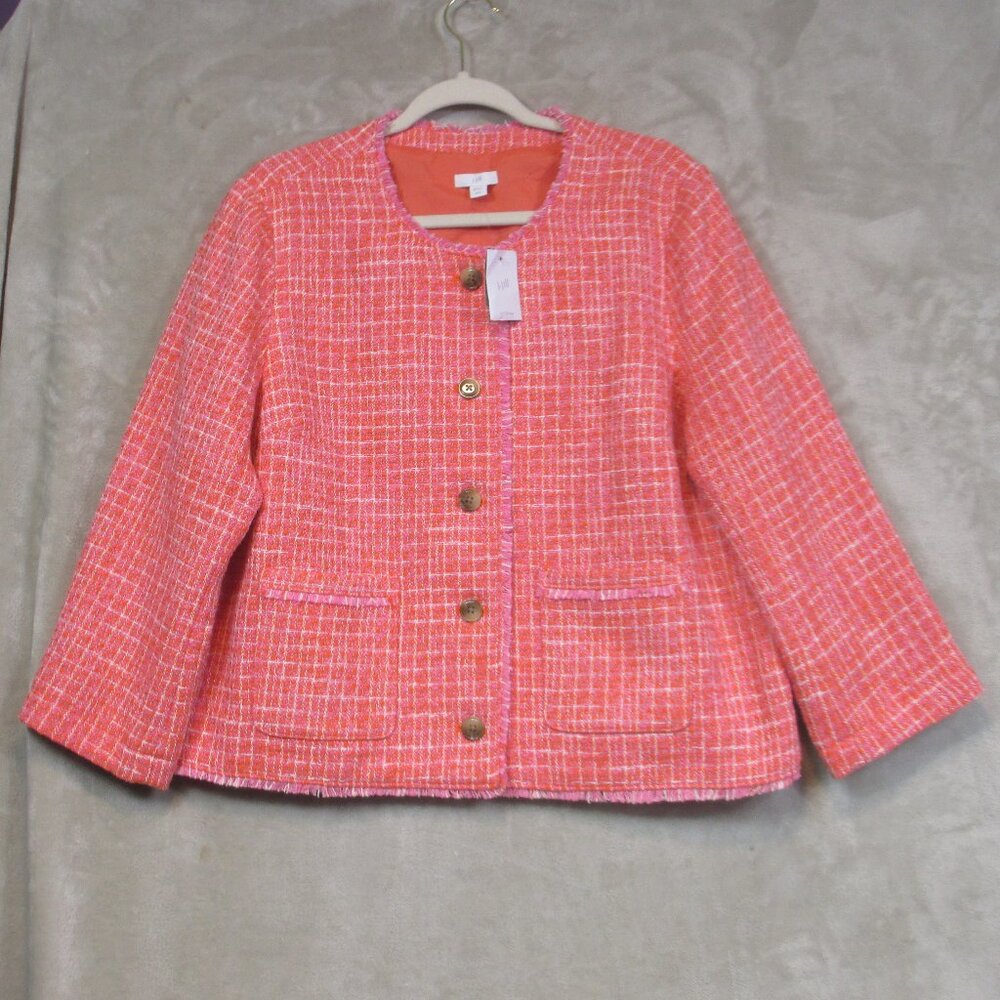 NWT J Jill Womens Blazer Size LP Dahlia Tweed Clementine Fringe Pockets Jacket - Picture 2 of 10